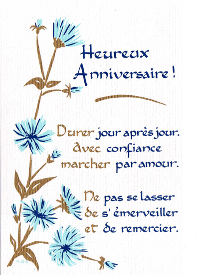 carte serigraphiée de joyeux anniversaire avec fleurs bleues